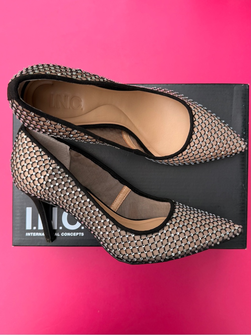 INC International Concepts Zitah Black Mesh Bling Rhinestone Pump Heels Size 7